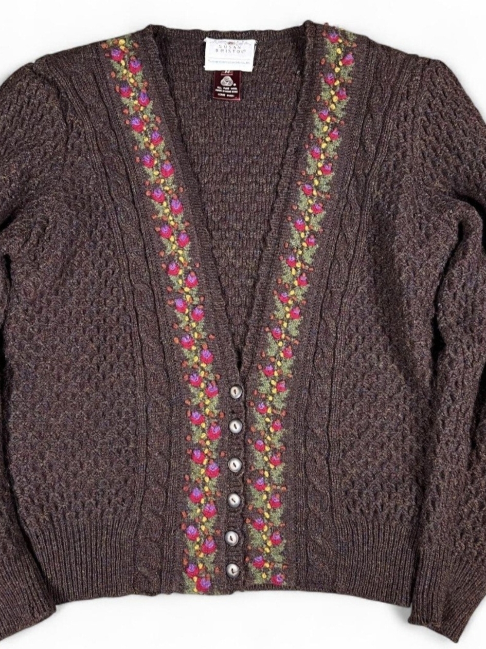 Cottagecore Vintage 1989 Brown Wool Cable Knit Cardigan w Floral Embroidery
